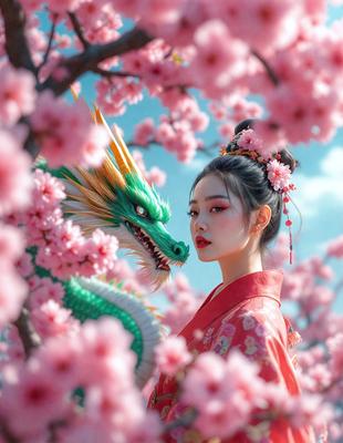 The primary subject of the image is a woman wearing a red kimono, standing in front of a tree filled with pink flowers. The setting appears to be a garden or an outdoor location with a natural backdrop. The visual style of the image is a combination of photo and digital art, creating a unique and artistic representation of the woman and the tree. The colors and mood of the image are predominantly pink, which adds a sense of warmth and beauty to the scene.